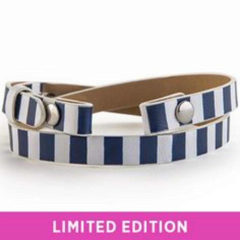 White Navy Striped Leather Wrap Bracelet 6-7.25"